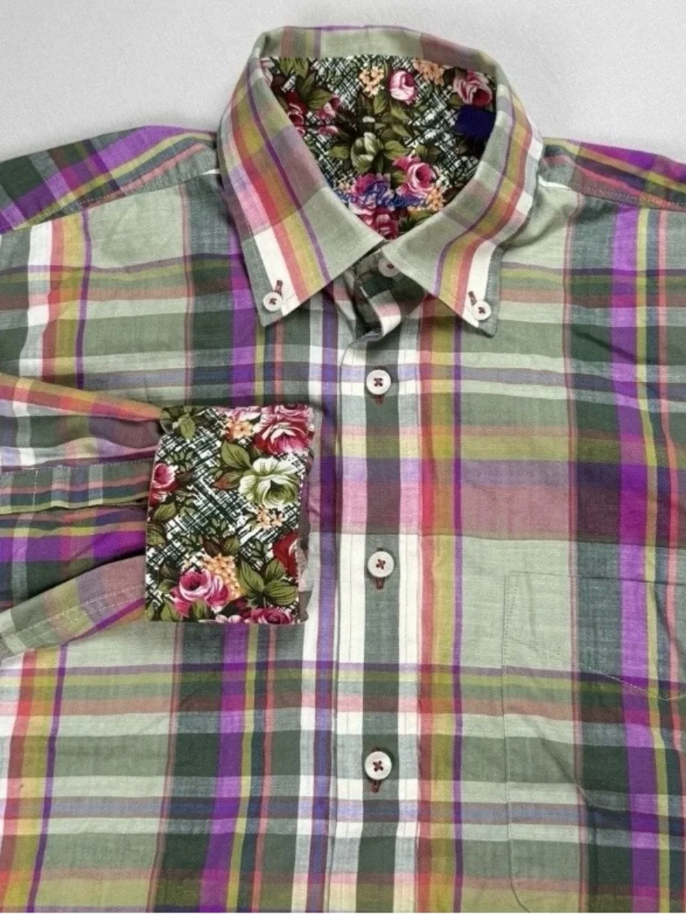 Alan Flusser Mens Long Sleeve Plaid Shirt Size L Green Button Up Turn Cuff